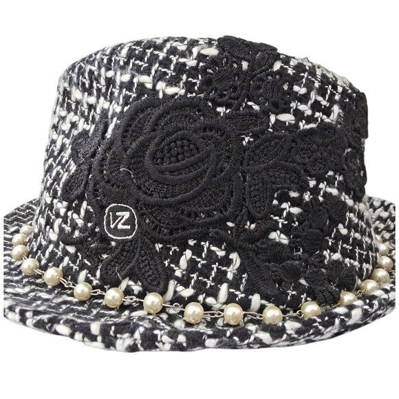VON ZIPPER Black & White Women's Tweed Fedora w/ Pearl Chain & Lace Accent 6-7/8 - Picture 4 of 9